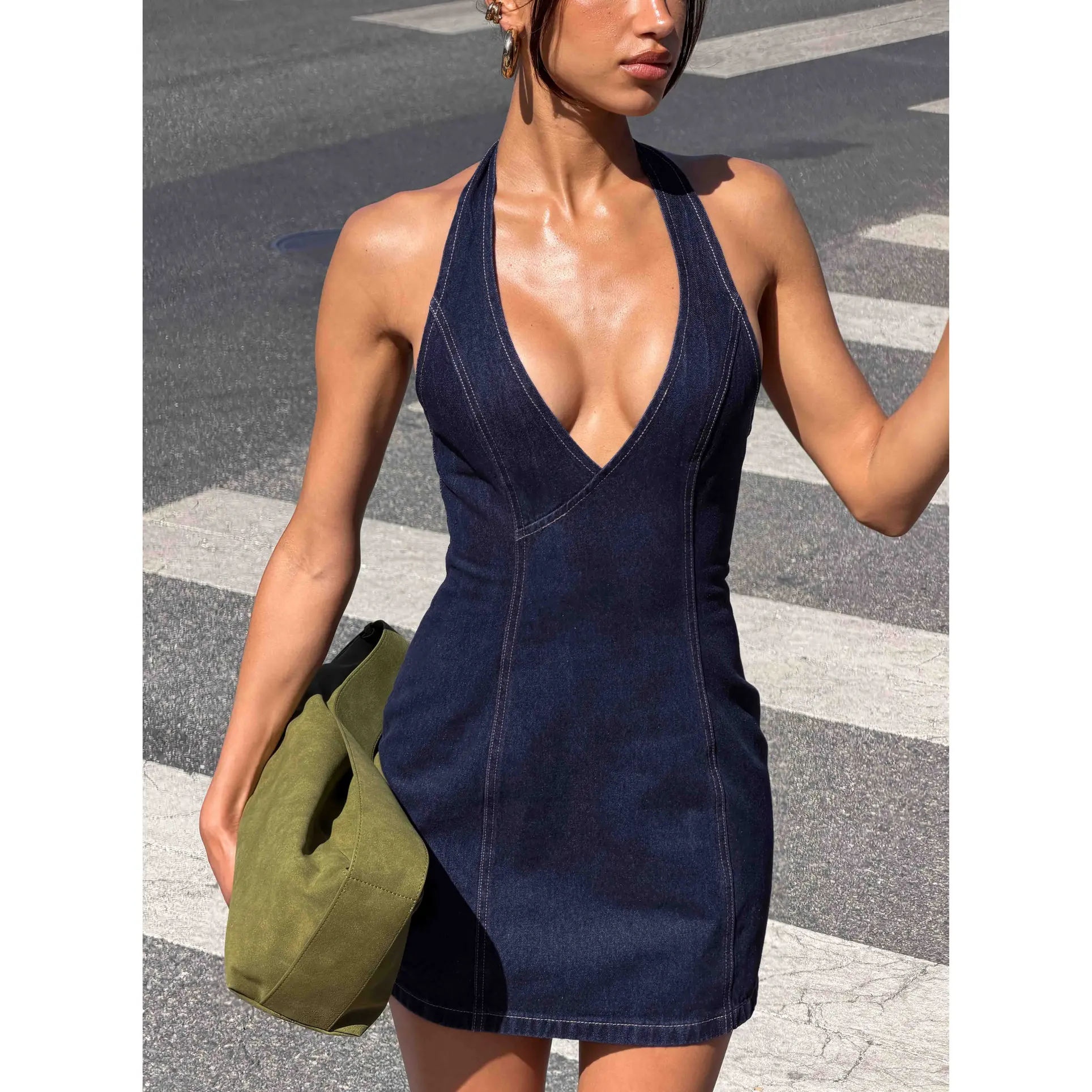 Say Goodnight Denim Halter Mini Dress Mid Wash