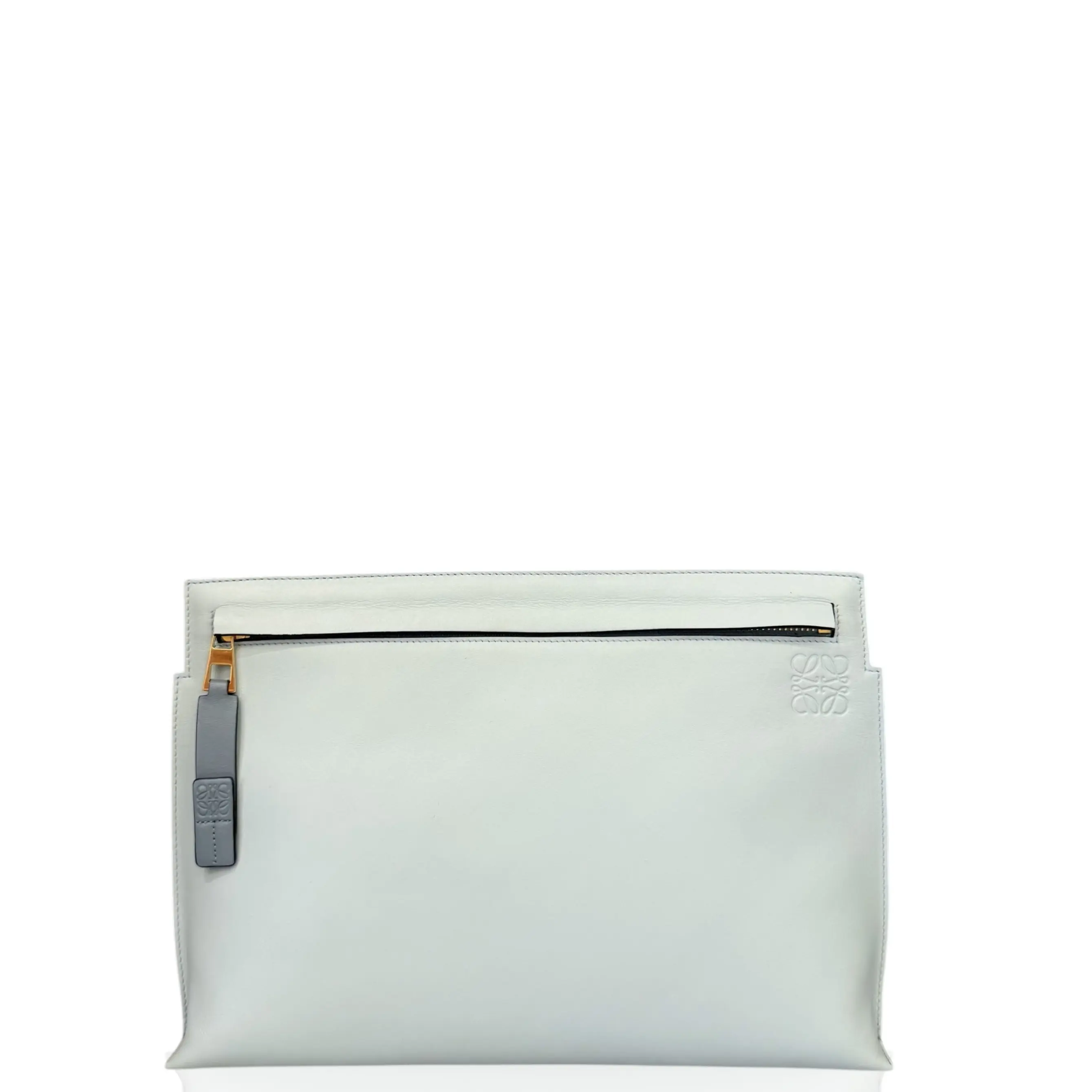 Pre-owned Loewe Leather clutches & wristlets T Pouch Calfskin Ice Blue Slate Blue (jg050426a0)