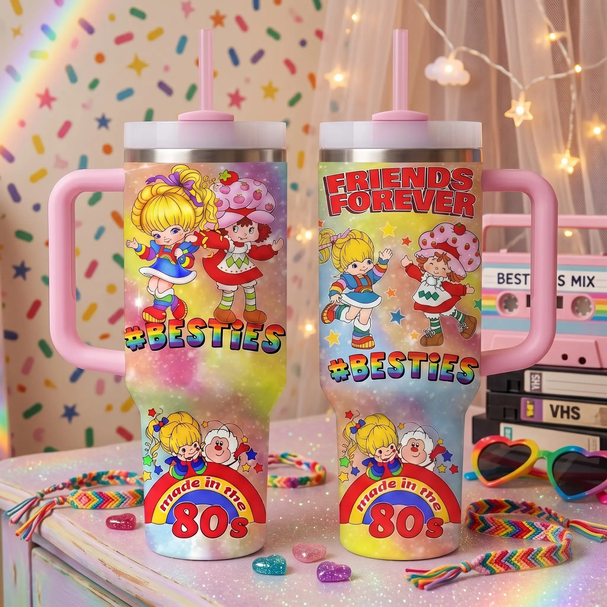 40/30/20oz 80s Cartoon Strawberry & Rainbow Insulated Tumbler with Handle and Straw, Double Wall Vacuum Insulated Travel Mug, Trendy Collector Drinkware
