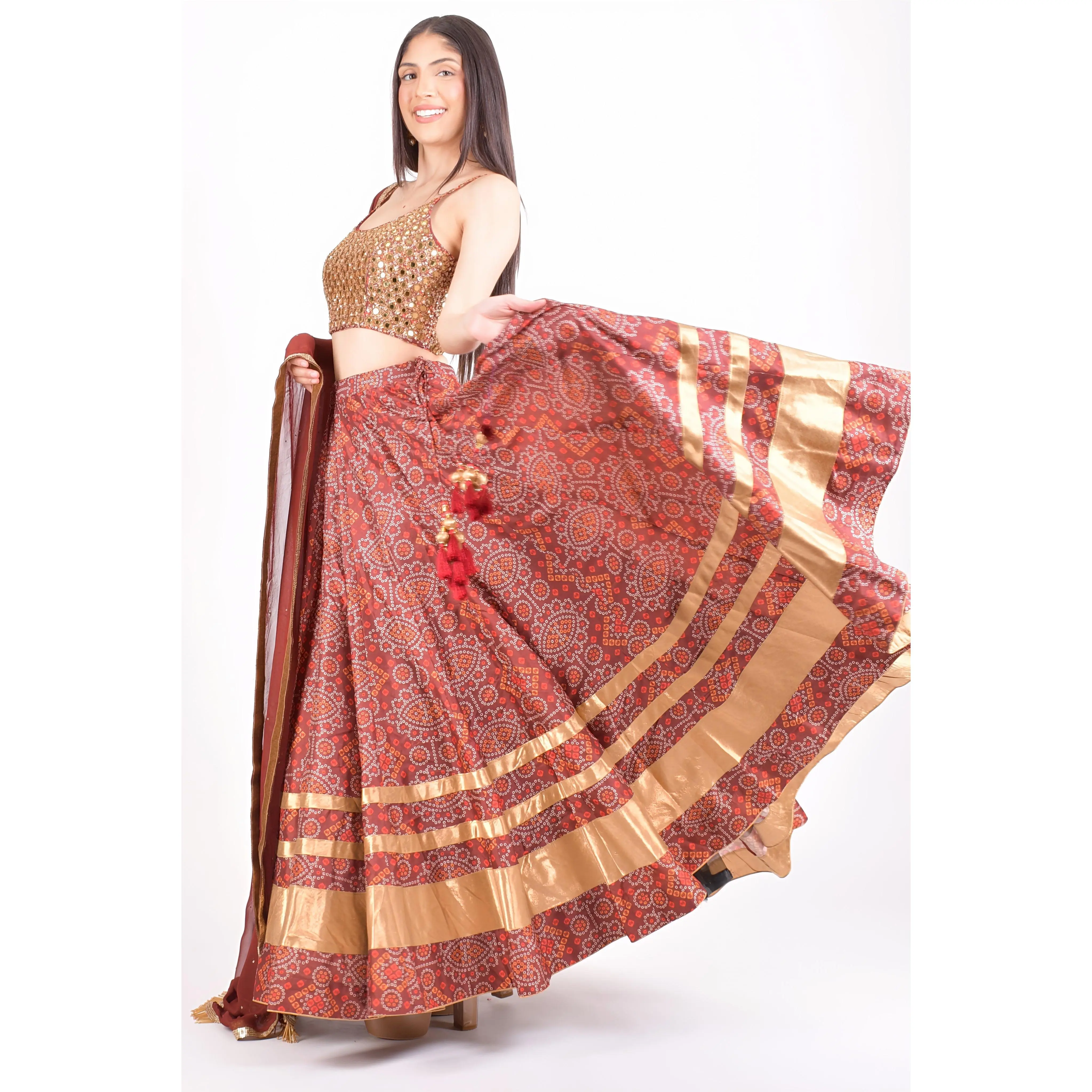 Bandhani print Chaniya Choli with Hand Embroidered Blouse and Matching Dupatta