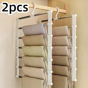 2-Piece Folding Pants Hanger - Stainless Steel Wardrobe Organizer, suitable for jeans, leggings, and trousers. Multi-layer design for easy storage; non-marking stainless steel, durable and beautiful; easy to fold.
