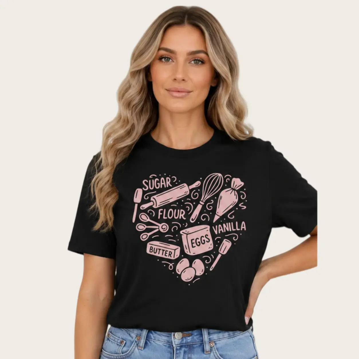 Women's Fitted Short-Sleeve Solid Garment, Comfortable Baking Ingredients Funny T-Shirt, Cute Baker Gift with Kitchen Humor (Sugar, Flour, Eggs, Butter, Vanilla), Breathable