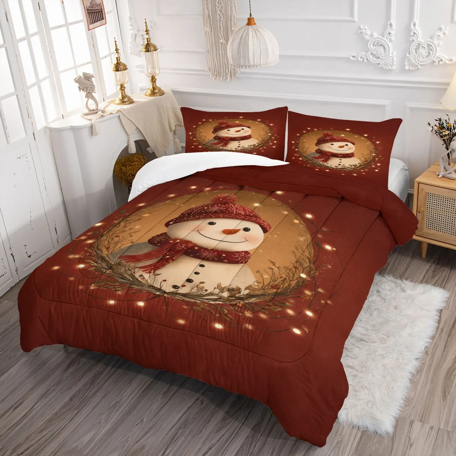 Christmas Series Printed Duvet Set, Snowman Holly Pattern Bedding Set, Soft Comfortable Breathable Skin-Friendly, Includes 1 Duvet and 1/2 Pillowcases