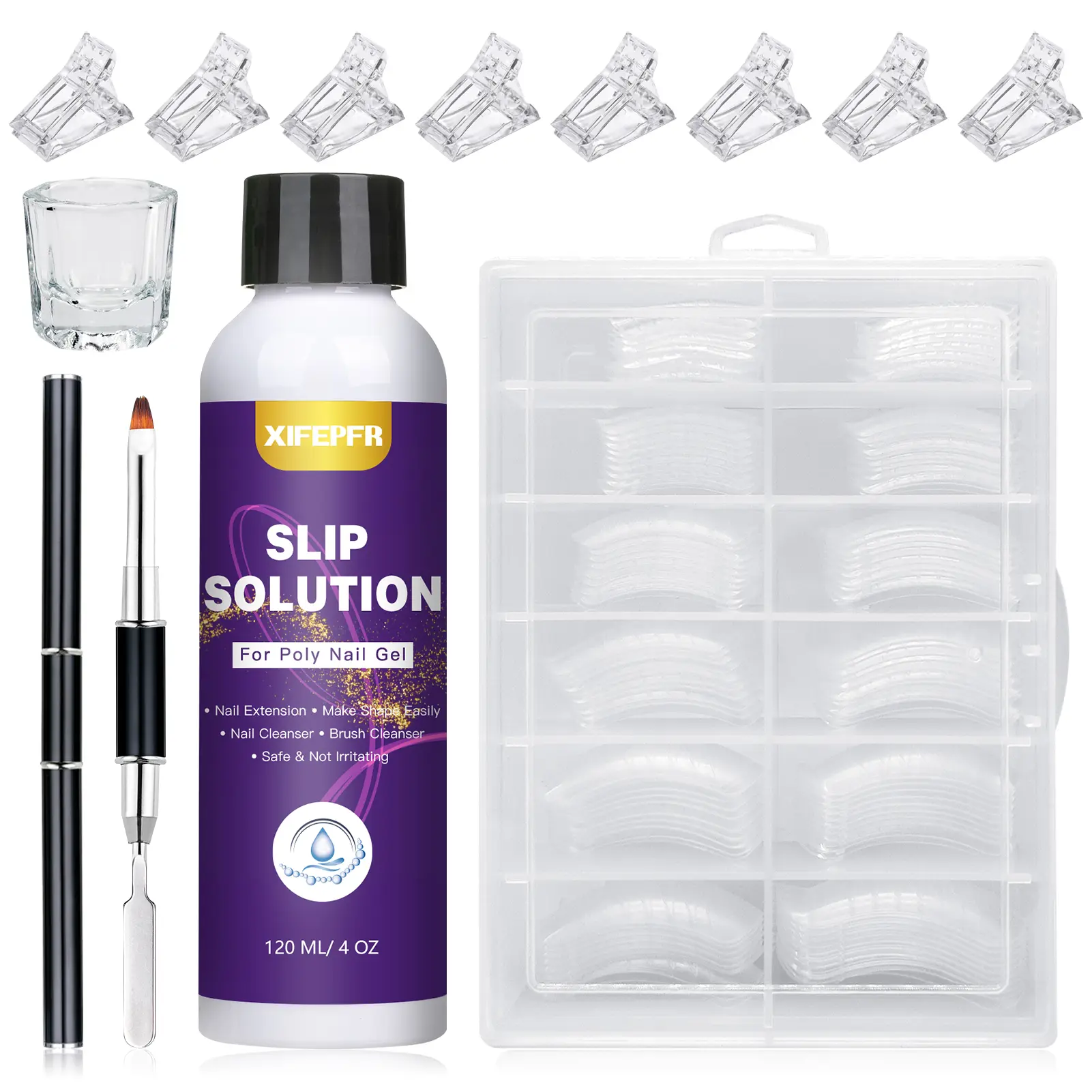 XIFEPFR Poly Gel Slip Solution Kit, 4oz Anti-stick Liquid for Extension Use with 120pcs Dual Forms, Nail Brush, Clips & Cup – Easy for DIY Poly Gel Nail Art, Gifts for Women