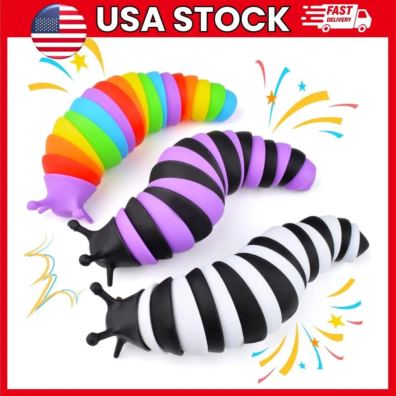 Fidget Slug Toy, 3 Pc Articulated Sensory Fidget Toys, Flexible Movement Stress Relief Toy for Kids, Teens, and Adults, Portable Travel Toy for Car, Airplane, and Home | sensory fidget toy, articulated slug toy, 3 pc fidget toys, flexible