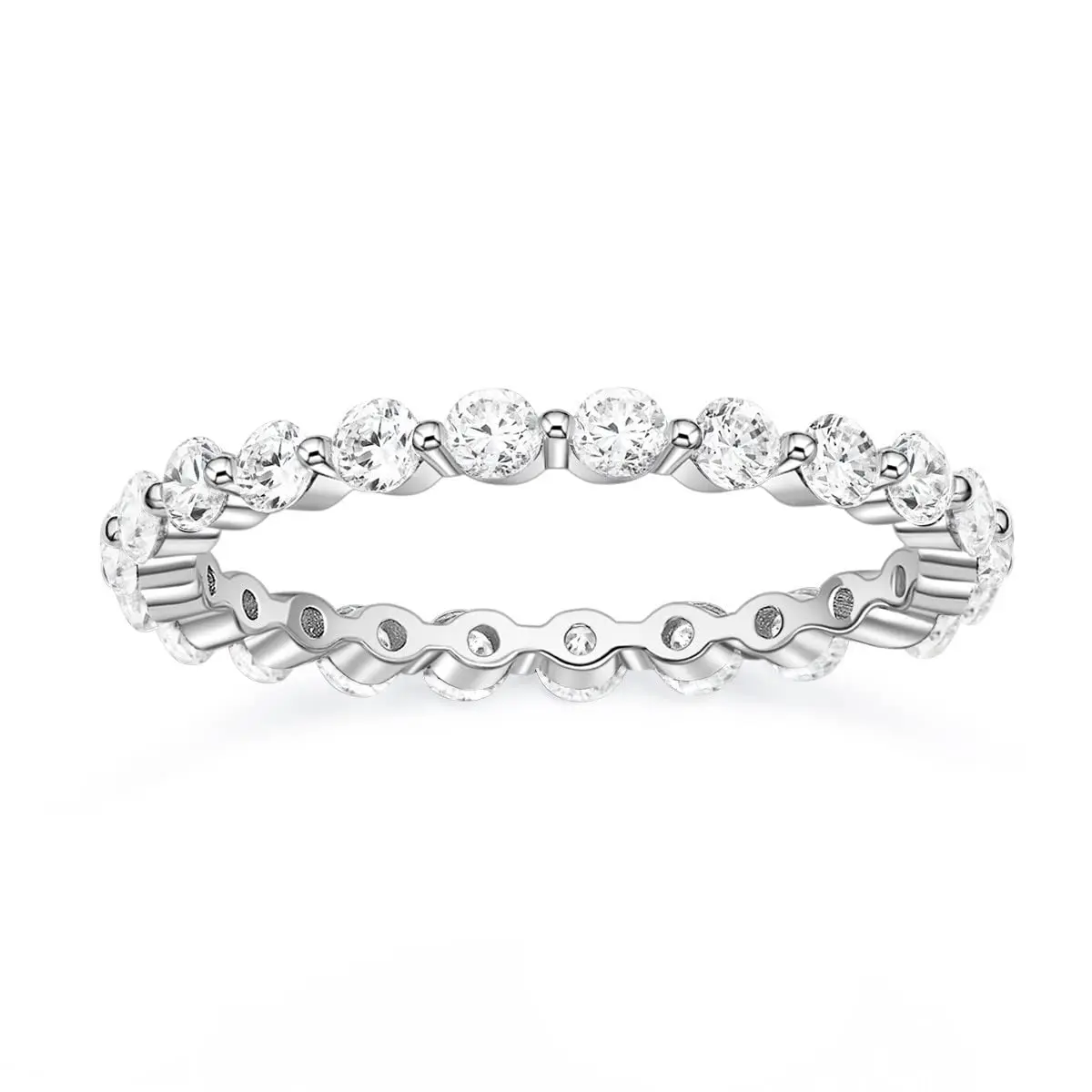 EAMTI 2mm 925 Sterling Silver Wedding Band Cubic Zirconia Full Eternity Stackable Engagement Ring