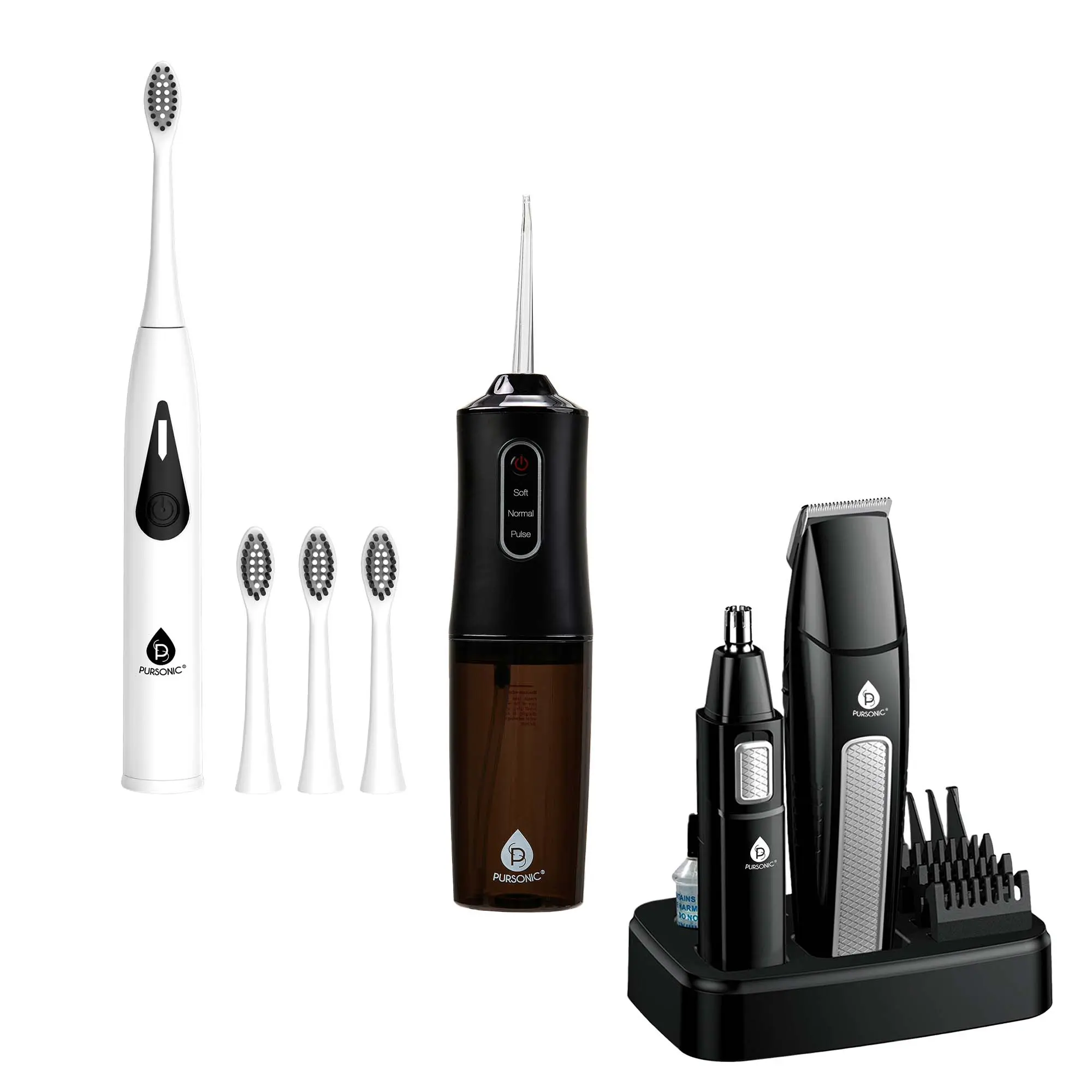Complete Men's Grooming & Oral Care Bundle – 10-Piece Grooming Kit, Triple-Head Electric Toothbrush & USB Water Flosser