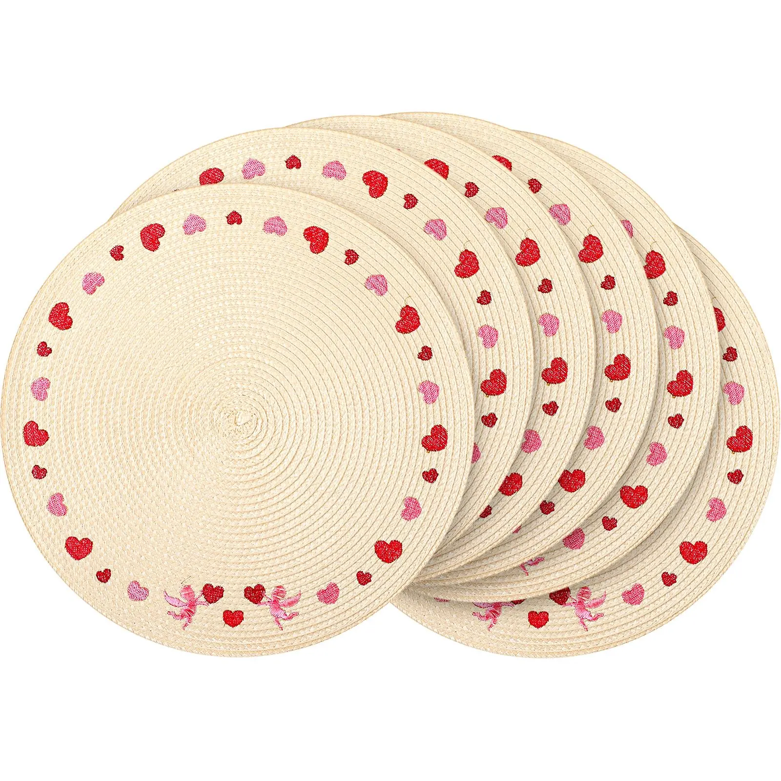 Set of 6 Embroidered Round Valentine's Day Placemats Heart Valentines Table Mats Round Braided Placemats Love Heart Place Mats for Valentine's Day Kitchen Dining Table Decoration