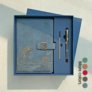 Chinsikol Chinese Element Notebook Gift Set, Embossed Pattern, Lotus and Koi Design, Smooth Writing, Includes Metal Pen