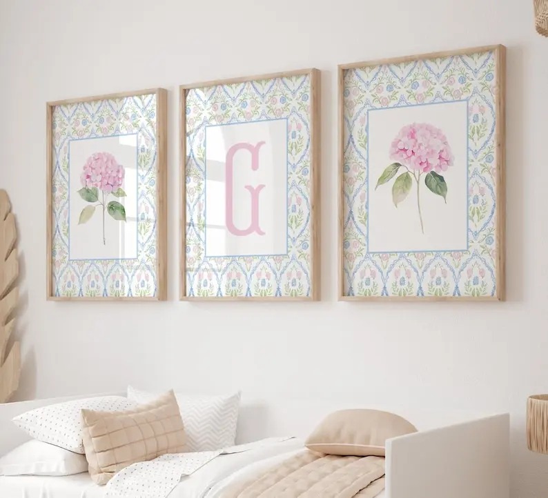 [Sale off up to 55%][Free Ship] Set of 3 Pink Hydrangea Prints, Chinoiserie Wall Art, Hydrangea Print, Grand Millennial Art, Personalized Initial Botanical Art