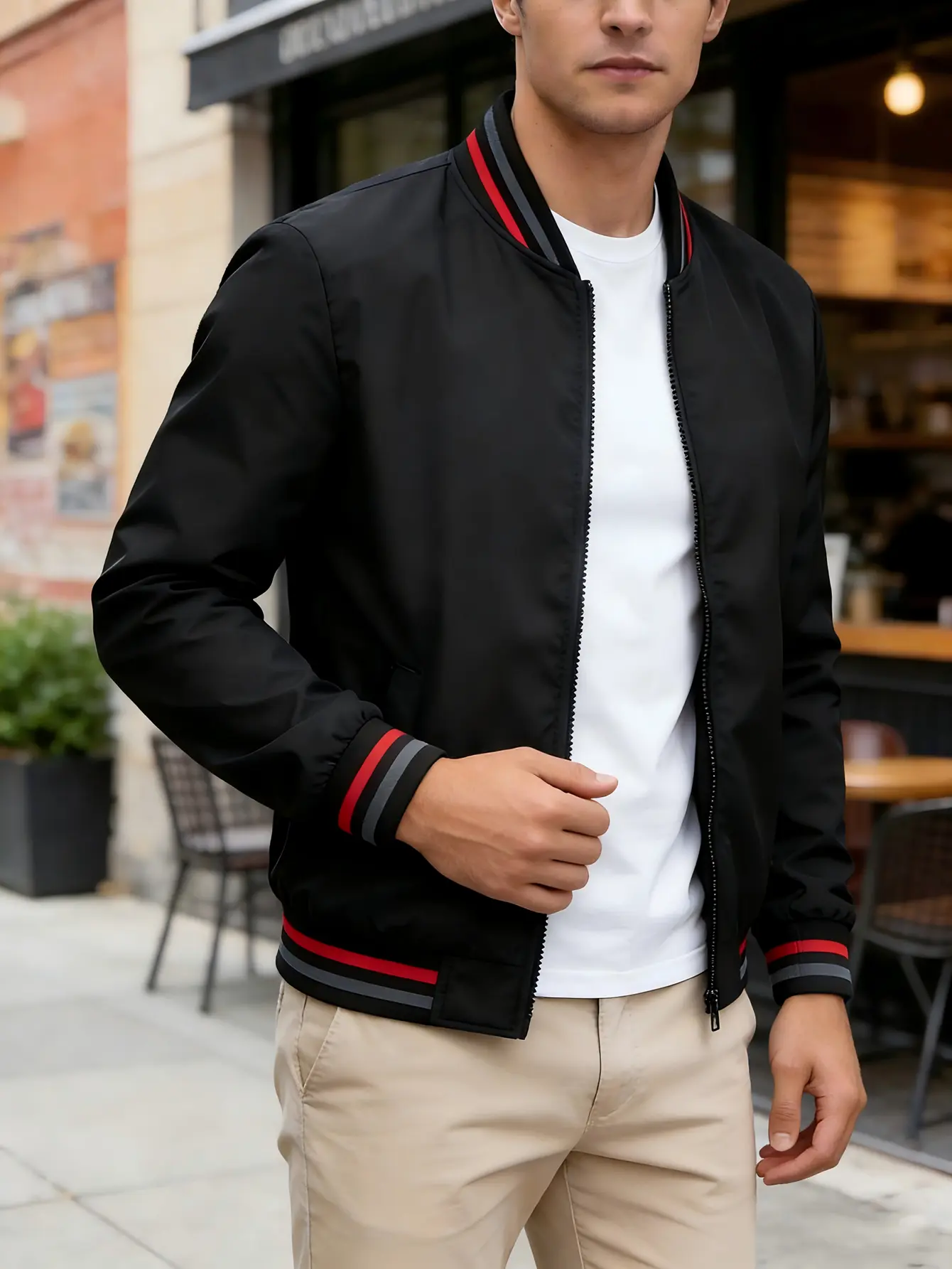 Men’s Retro Color-Block Ribbed Aviator Jacket - High-Stretch Ribbed Fabric, Smooth Zipper, Lightweight Windproof, Ribbed Cuffs, Full-Zip Sporty Layer for Outdoor Sports, Vibe-Enhancing Casual Outerwear, Male Jacket, Polyester Weave, Collared Neck, Hiking