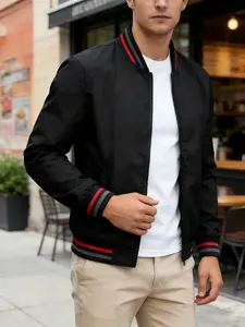 Men’s Retro Color-Block Ribbed Aviator Jacket - Smooth Zipper Fabric, Lightweight Windproof Casual Full-Zip Bomber Jacket, Versatile for Outdoor Sports Use