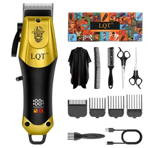 LQT Vintage Barber Logo Cordless Hair Clipper Kit, Professional Rechargeable Electric Trimmer with LCD Display, Complete Home Barber Set with Guide Combs, Cape, Scissors & Brush for Men's Precision Haircuts, Fades & Styling