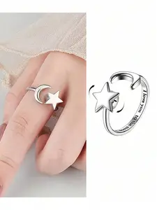 1Pc Female Decompression Stress Relief Ring Rotatable Opening Adjustable Finger Ring Relieve Anxiety Gift, Moon Star, Anxiety Fidget Ring