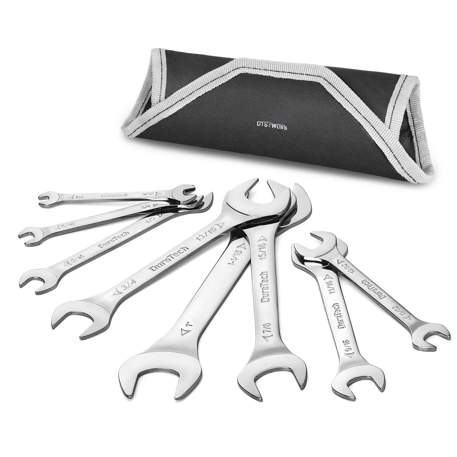 Super-Thin Open End Wrench Set  SAE 8-Piece Including 1/4" 9/32" 5/16" 3/8" 11/32" 13/32" 7/16" 1/2" 9/16" 11/16" 3/4" 13/16" 7/8" 15/16" 1" 1-1/16" with Rolling Pouch