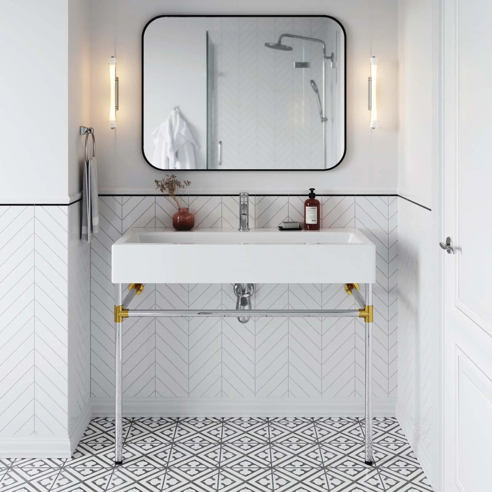 Modway Redeem 40-Inch Silver Stainless Steel Wall-Mount Modern Home Bathroom Vanity Set with Rectangle Sinks, Faucet, Decorative Interior-Friendly Design, Assembly Required, 40 Inches, Ceramic