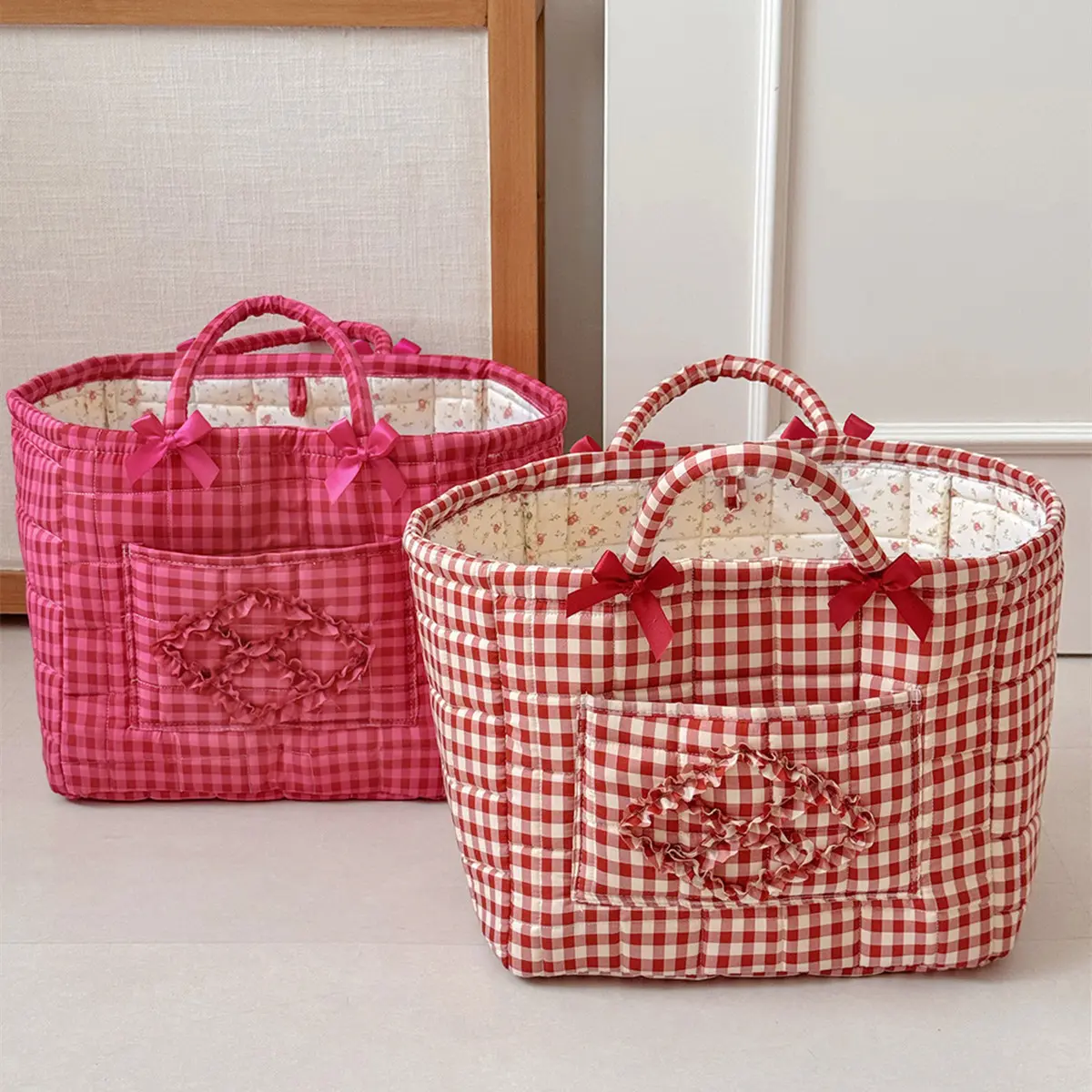Vintage Blush Pink Plaid Bow Large Polyester Storage Basket - Ruffles, Heart Front Pocket, Handles, Soft Quilted Design, Vanity Perfume Cosmetic Organizer, Floral Girls' Coquette Aesthetic Gift Travel Tote