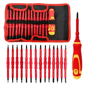 14 piece CR-V insulated precision screwdriver set, interchangeable screwdriver heads, multifunctional household electrician manual tool set, easy to carry cloth bag storage, with live and neutral wire measurement function