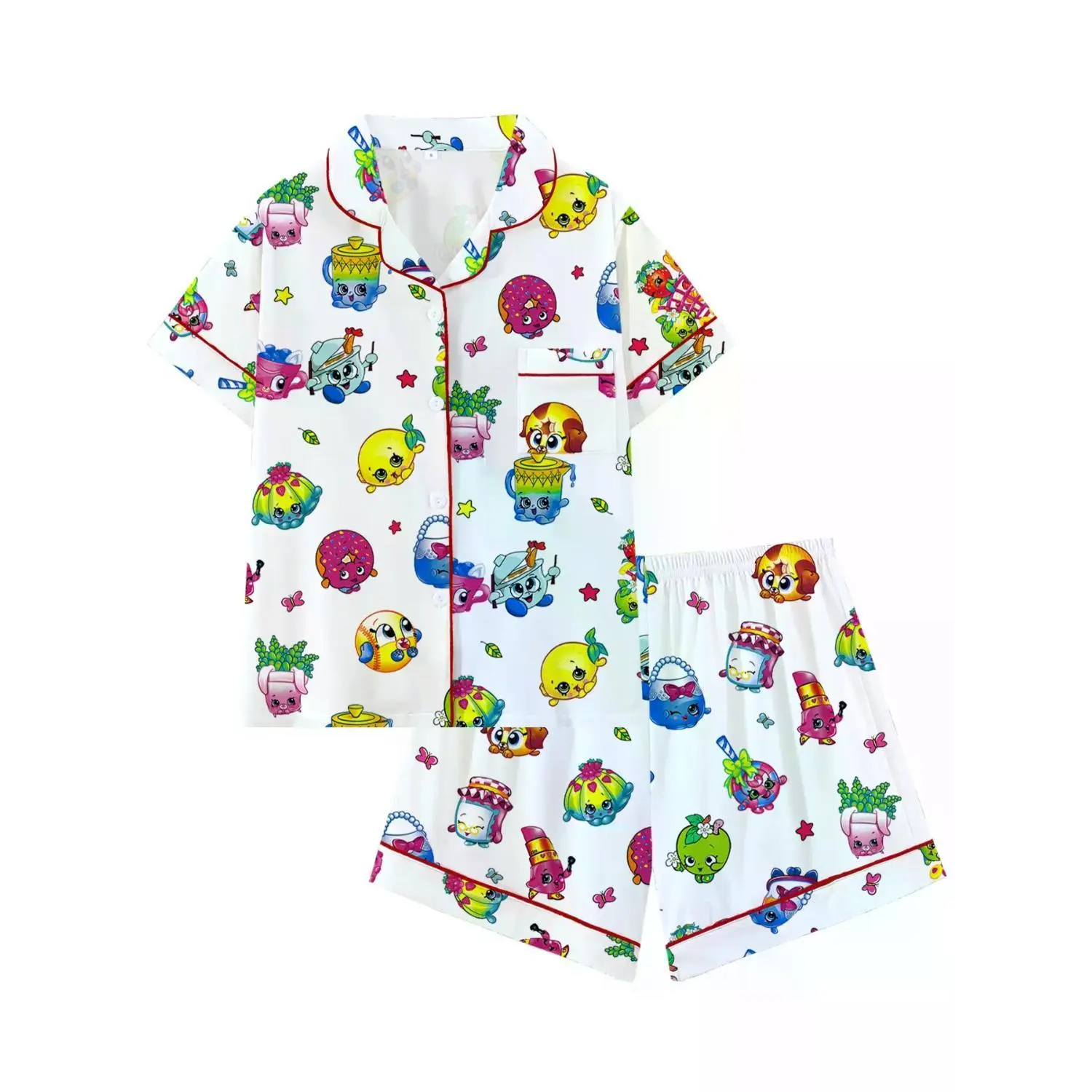 Kidcore Aesthetic Kawaii Cartoon Pajama Set | Cute & Colorful Food and Toy Print Sleepwear | Soft Short Sleeve Button-Down Lounge Outfit with Red Piping | Playful 2-Piece Summer PJs | Nostalgic Sleepover Nightwear
