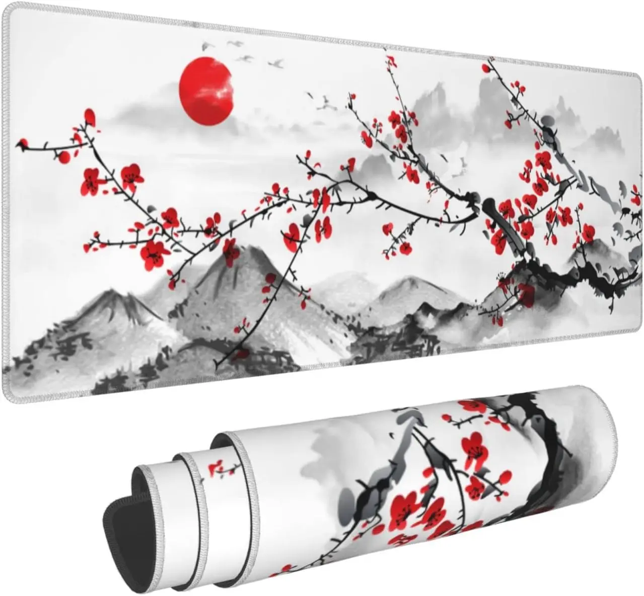 Watercolor Cherry Blossom Mouse Pad 31.5x11.8 Inch Pink Full Desk Japanese Sakura Mousepad Extended Large Non-Slip Rubber Base Waterproof Big Keyboard Mat with Stitched Edges for Gaming and Office