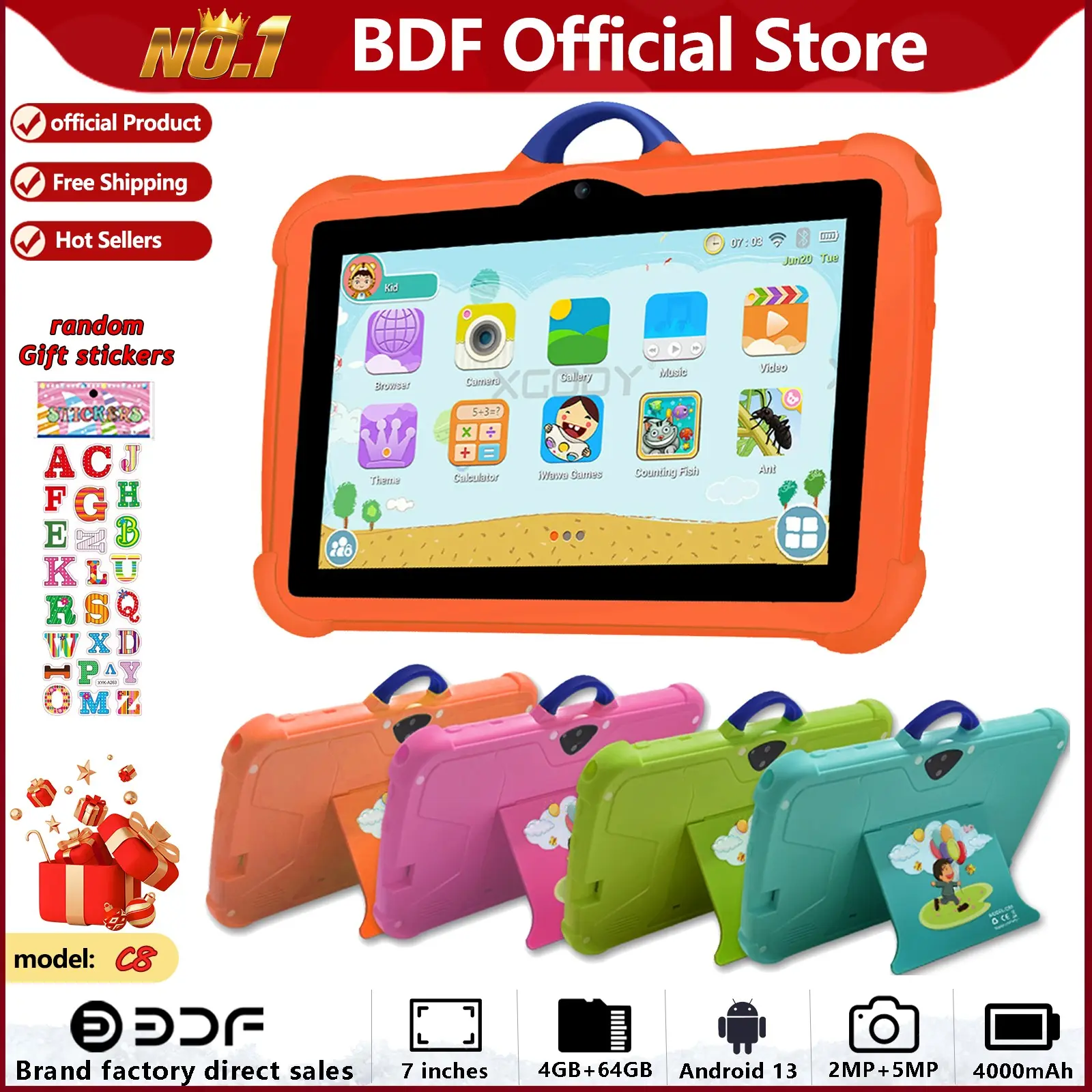 7-Inch Android 13 Kids Tablet, Toddler Tablet, Learning Tablet, Childrens Tablet, WiFi, 4GB+64GB, TF Card Expansion, Educational Games, Parental Control, HD Screen, Dual Cameras, Blue