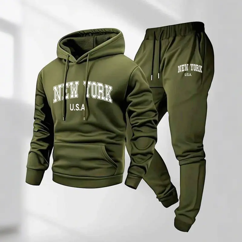 Men's New York Printed Hoodie and Drawstring Sweatpants Set, Menswear, Casual Athletic Long Sleeve Hooded Jacket & Trousers for Fall & Winter, Men's Clothing for Daily Wear, Sportswear Indoor Outdoor, Tracksuit, Athleisure Summer Clothes