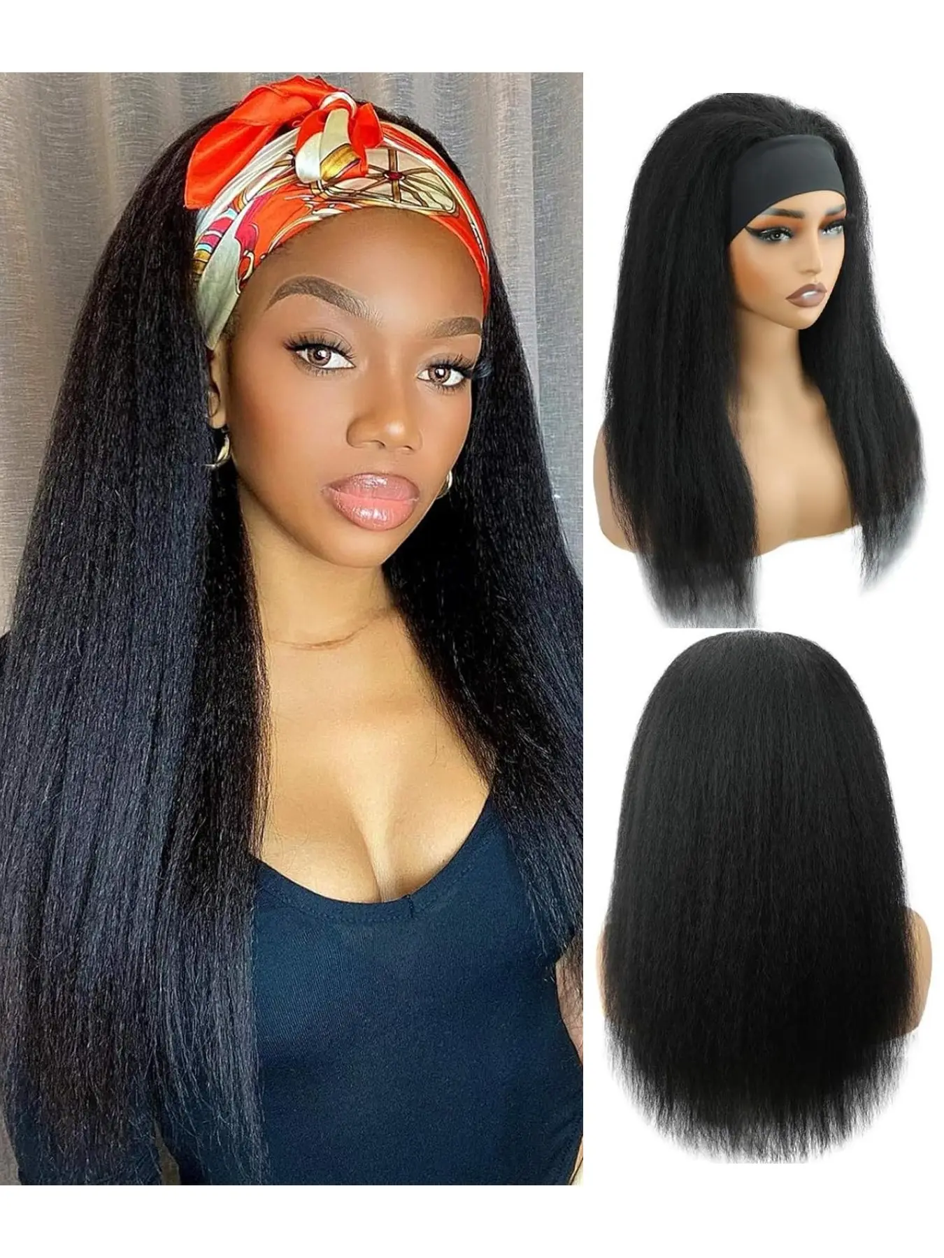 Head Band Wig Headscarf False Hair, Glueless Yaki Wig, Women Yaki Ice Silk Long Straight Fake Hair Cap, Stylish Daily Wear Accessory, Silky Straight Wigs