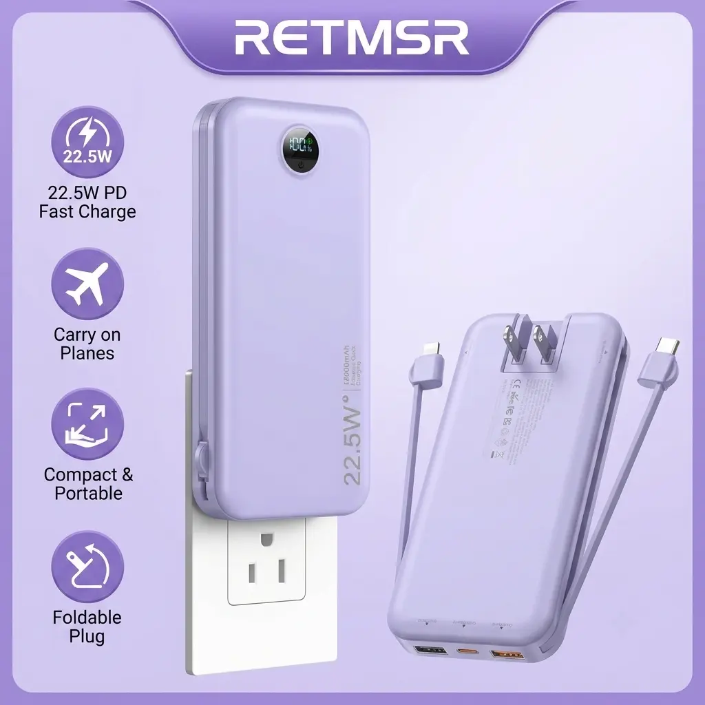 RETMSR Portable Charger with Built-in Cables, LED Display, 12000mAh Ultra Slim Power Bank ， Features Built-in Wall Plug， power bank charger Compatible with iPhone 15/14/13 Series & Samsung iPad battery power bank