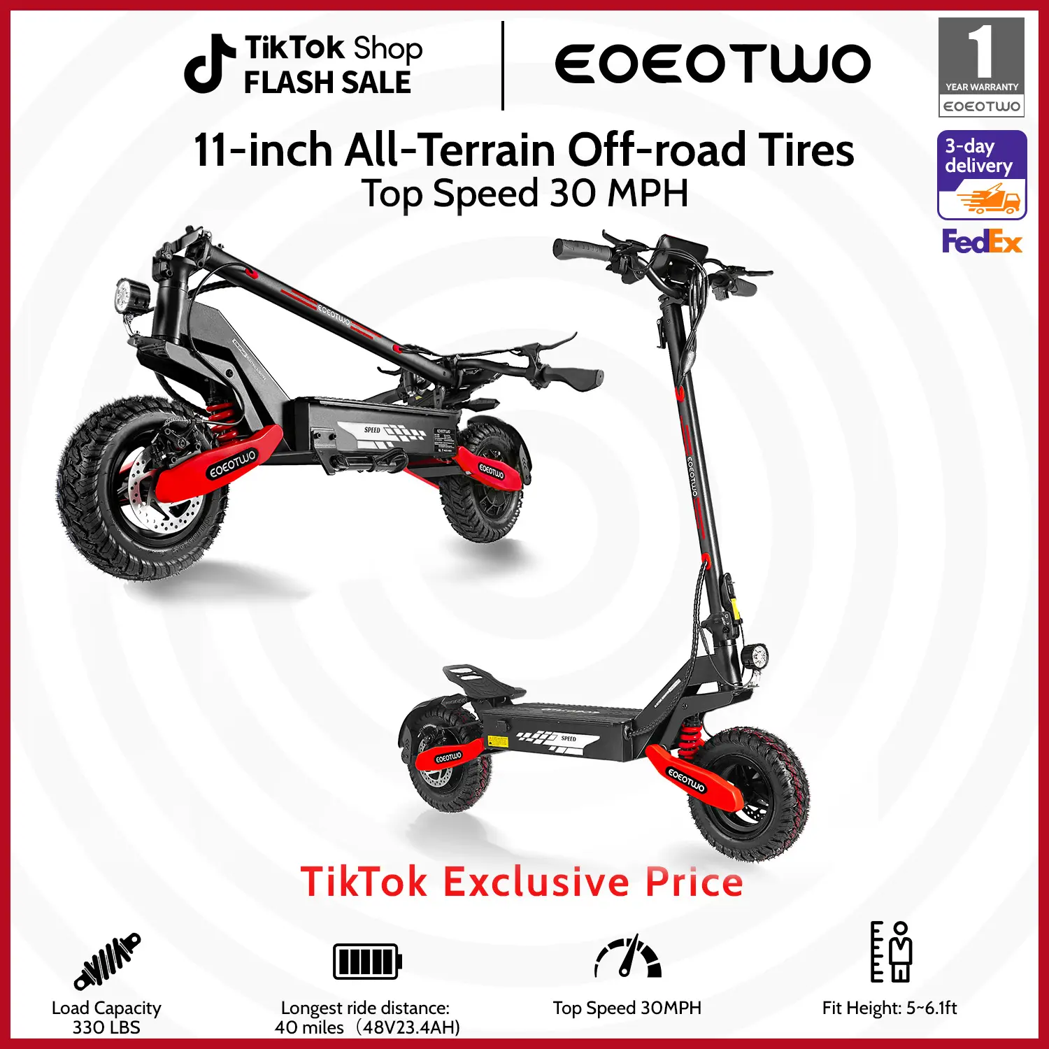 EOEOTWO GT06 Electric Scooter, 1200W Motor, 13Ah/23.4Ah Battery, 25-40 Miles Range, 30MPH Top Speed, 330LBS Max Load, Foldable Adult E-Scooter with LED Light & Dual Brakes, Commute & Off Road Use