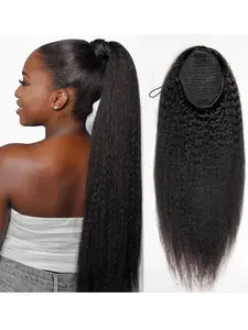 Kinky Straight High-Density 10-Sec Ponytail Protective Hairstyle Drawstring Ponytail Hair Extensions Ponytail 100% Human Hair Glueless Kinky Straight