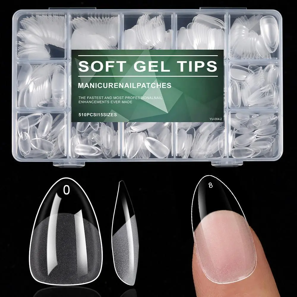 #Summervibes 510PCS Clear Almond Nail Tips Extra Short, 15 Sizes Pre-Etched Full Cover Gel False Nails, Acrylic Nail Extensions for Women Nail Art