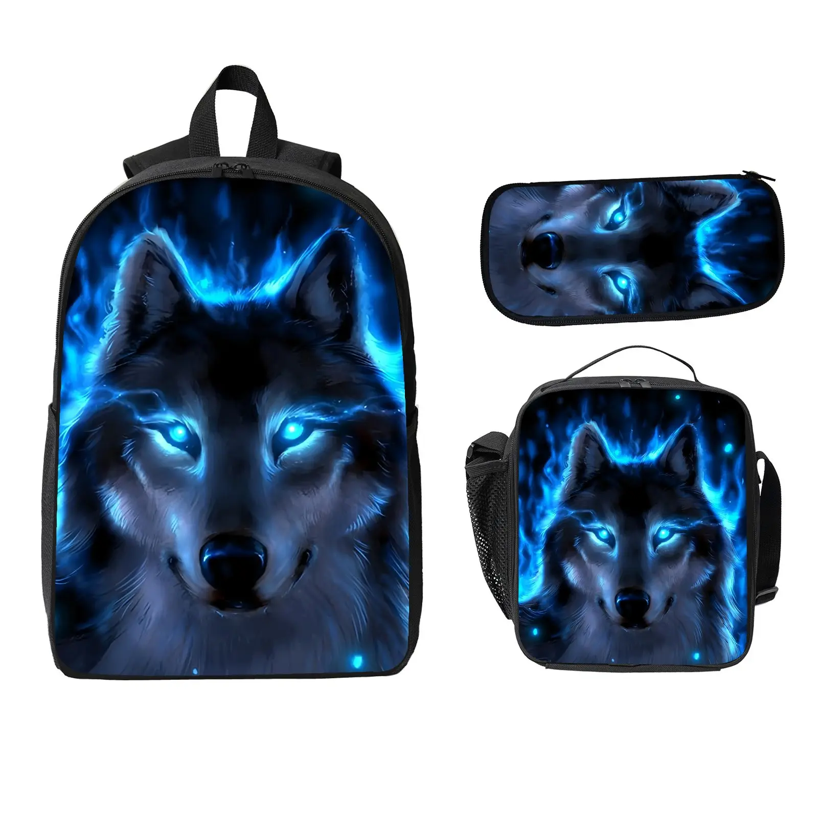 Kids' 3-Piece School Backpack Set - Cute Black Wolf Design with Blue Eyes, Includes Matching Lunchbox & Pencil Case, for School Use, Kids Backpack