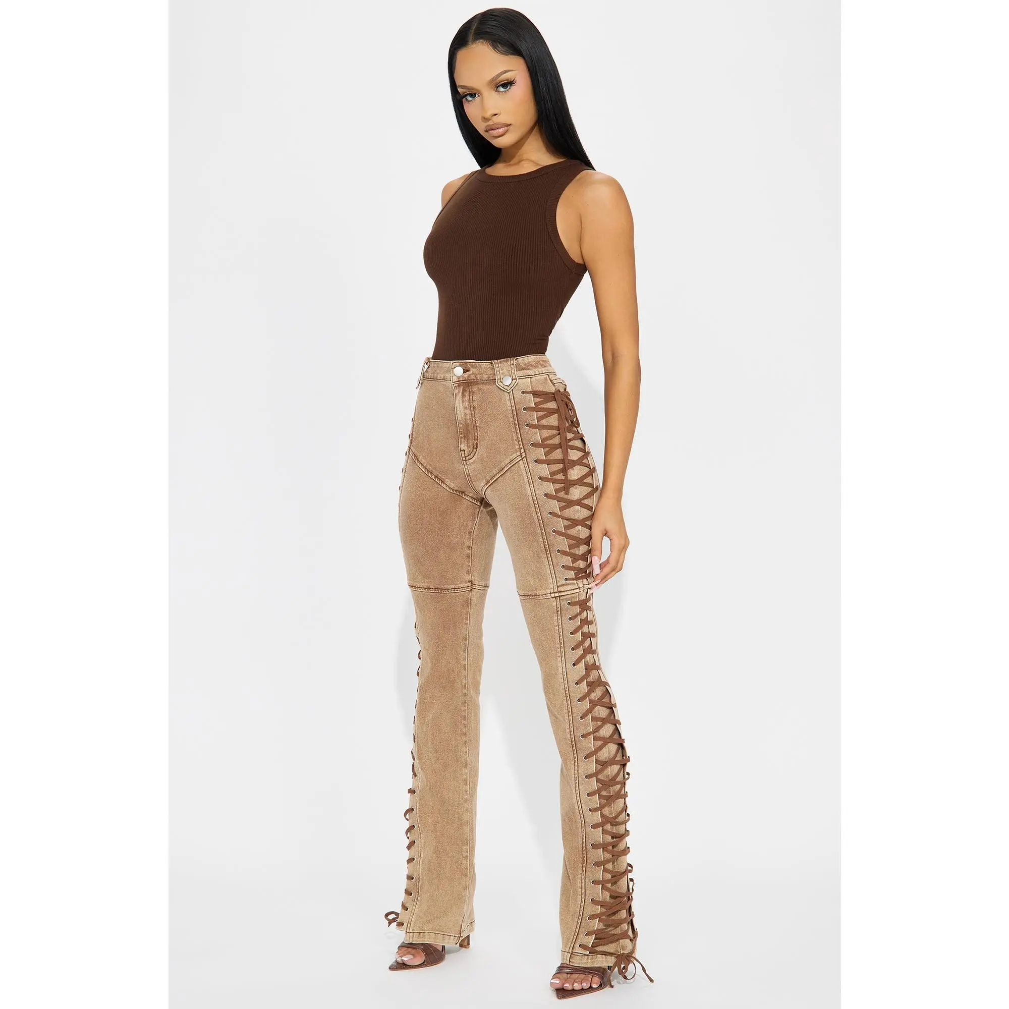 After Hours Lace Up Flare Pant - Khaki