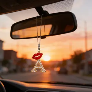 Shiny Rhinestone Lip Letter Car Pendant, 26 Letters Available, High-End Interior Rearview Mirror Decoration