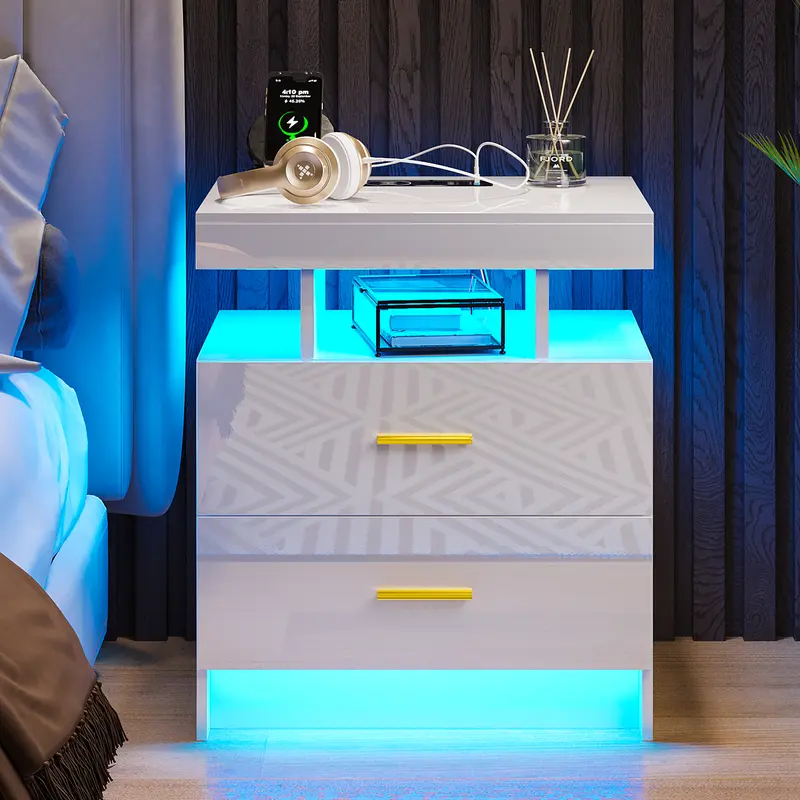 Vlsrka Modern Eco-Friendly Degradable Wooden Rectangular Bedroom Nightstand - Mobile Bedside Desk with Wireless Charging Top, Human Body Sensor Hands-Free Lighting, USB+Type-C Ports, Easy-Clean Glossy Glass Surface, Assembly Required for DIY Lovers