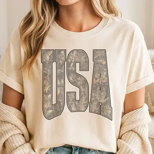 Vintage USA Tee Retro Camo USA Tshirt Camouflage USA American T-Shirt Hunting Camo Unisex Tees Patriotic American Camo 4th of July Top Sublimation Casual Crewneck