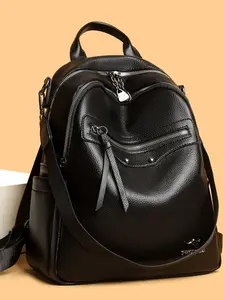 New Fashion PU Leather Women's Zipper Backpack, Large Capacity Luxury Brand Handbag, Casual Travel Shoulder Bag, All Seasons, Leather Backpacks
