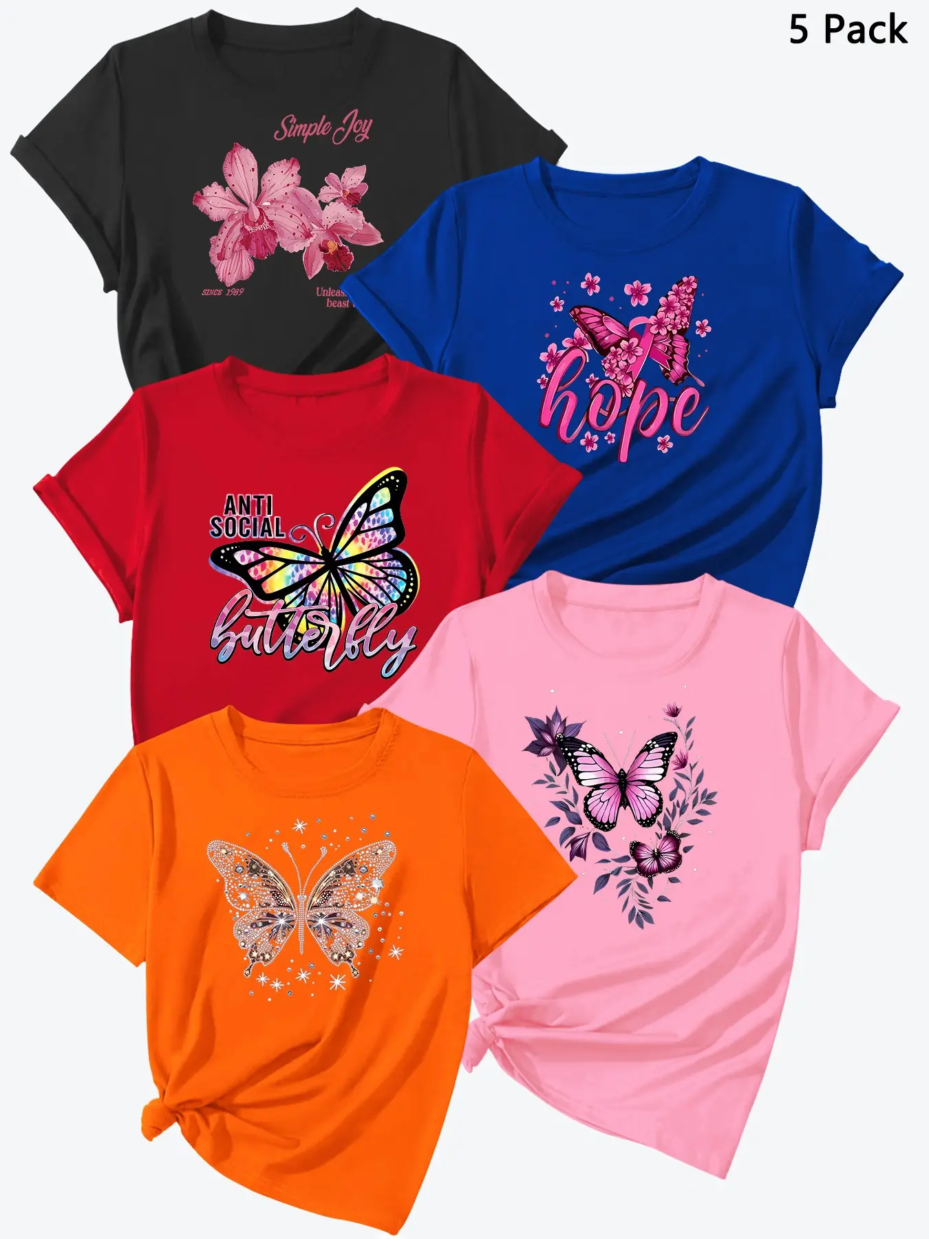 Summer New Floral Butterfly Print Short Sleeve, High-Quality Women's Sport T-Shirt Set of 5, Casual Workout Tops, Athletic Top, Classic Female Clothing, Active Sportswear, Athletic Apparel