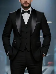 Men'S 3pcs Suit Set - Slim-Fit Long Sleeve, Solid Color, Non-Stretch Fabric, Lapel Collar, Fake Buttons, All-Season Wear, Perfect for Weddings, Business Casual & Formal Occasions, Wedding Attire | Classic Suit Style | Tailored Fit Blazer Suit