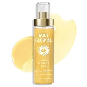 Body Glow Oil, Sunscreen Shimmer Oil, SPF 45 Broad Spectrum, Body Oil with with Coconut Oils, Moisturizing Glow for Face & Body, Liquid Illuminator Highlighter, Water Resistant, 3.72 fl oz (#1 GOLD)