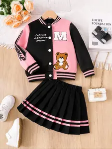 Autumn Winter College Style Sweet Two-Piece Set, Baseball Jacket Block, Cute Bear Embroidery, Casual Pleated Skirt, Outfit
