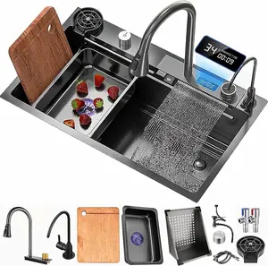 Bronstarz 33*22 INCH Black Nano Drop In Sink 304 Stainless Steel Waterfall Sink with Pull Down Sprayhead Faucet Single Bowl Drop In Kitchen Sink Workstation with LED TEMP Display (33 x 22 IN)