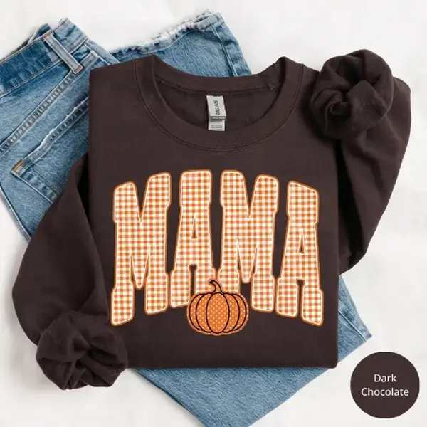 Retro Mama Pumpkin Gildan Sweatshirt , Trendy Fall Gingham Mama Shirt, Cute Autumn Gift for Mom