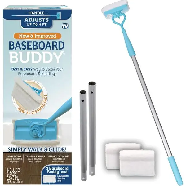 Baseboard Buddy | Lightweight Home Cleaning Essential, Perfect for Baseboards, Moldings & Walls, Glide & Wipe Trapping & Locking Dirt & Dust | As Seen on TV, (1 Baseboard Buddy & 3 Reusable Pads)