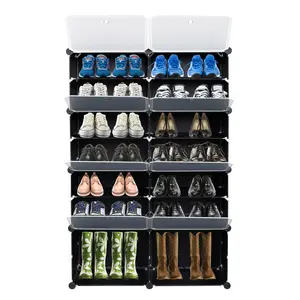 7-Tier Portable 28 Pair Shoe Rack Organizer 14 Grids Tower Shelf Storage Cabinet Stand Expandable for Heels, Boots, Slippers, Black Steel Drawer