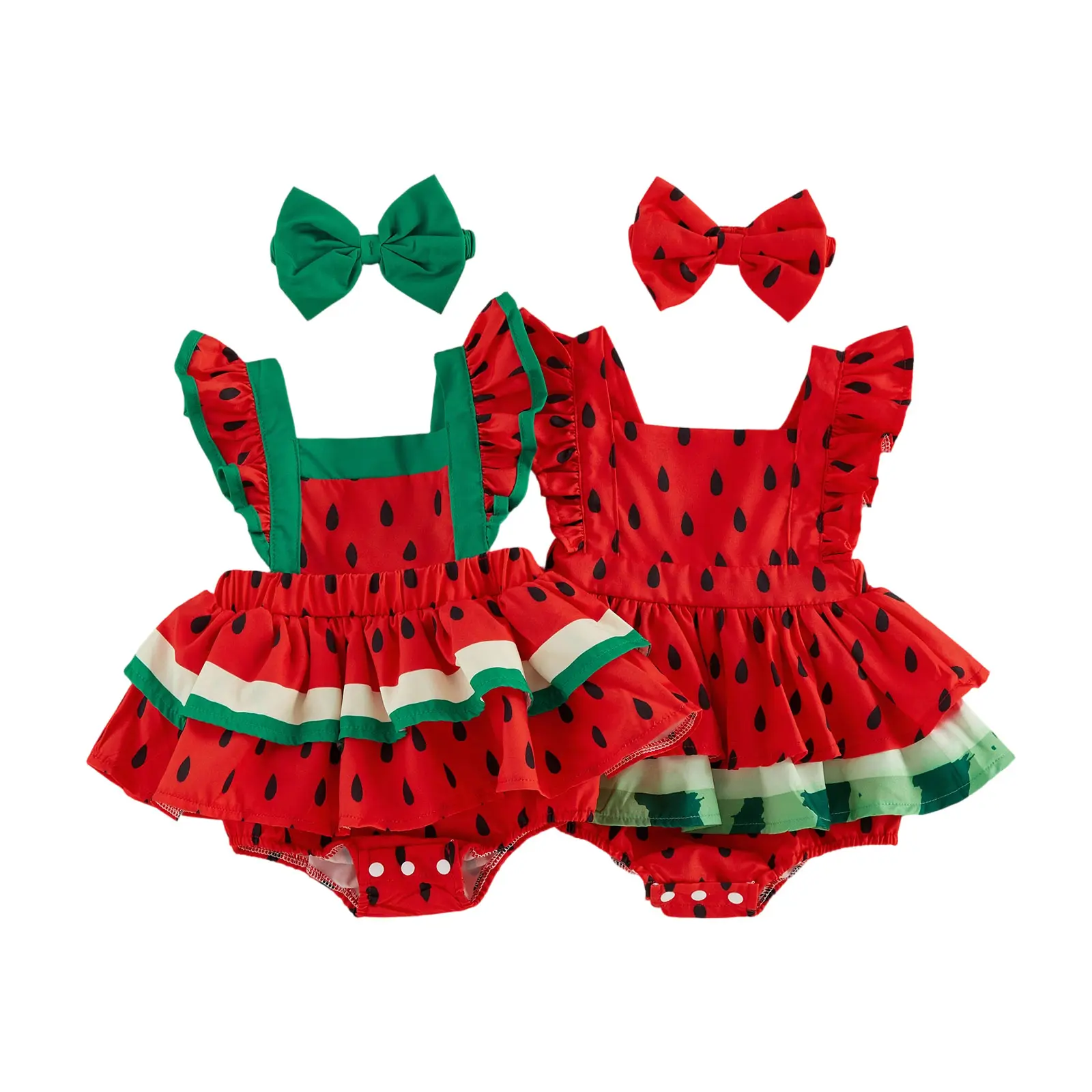 Infant Baby Girl Outfit Watermelon Print Fly Sleeve Romper with Bowknot Hairband Summer Clothes 0-18 Months