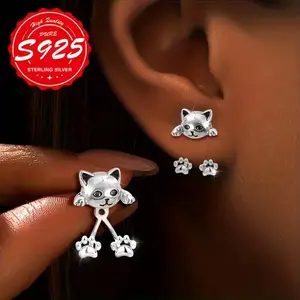 Ladies' Pure Silver Cat Paw Print Pendant Earrings - Hypoallergenic, Earrings for Sensitive Ears, Creative Daily Wear Pet-Themed Fashion Accessory Gift
