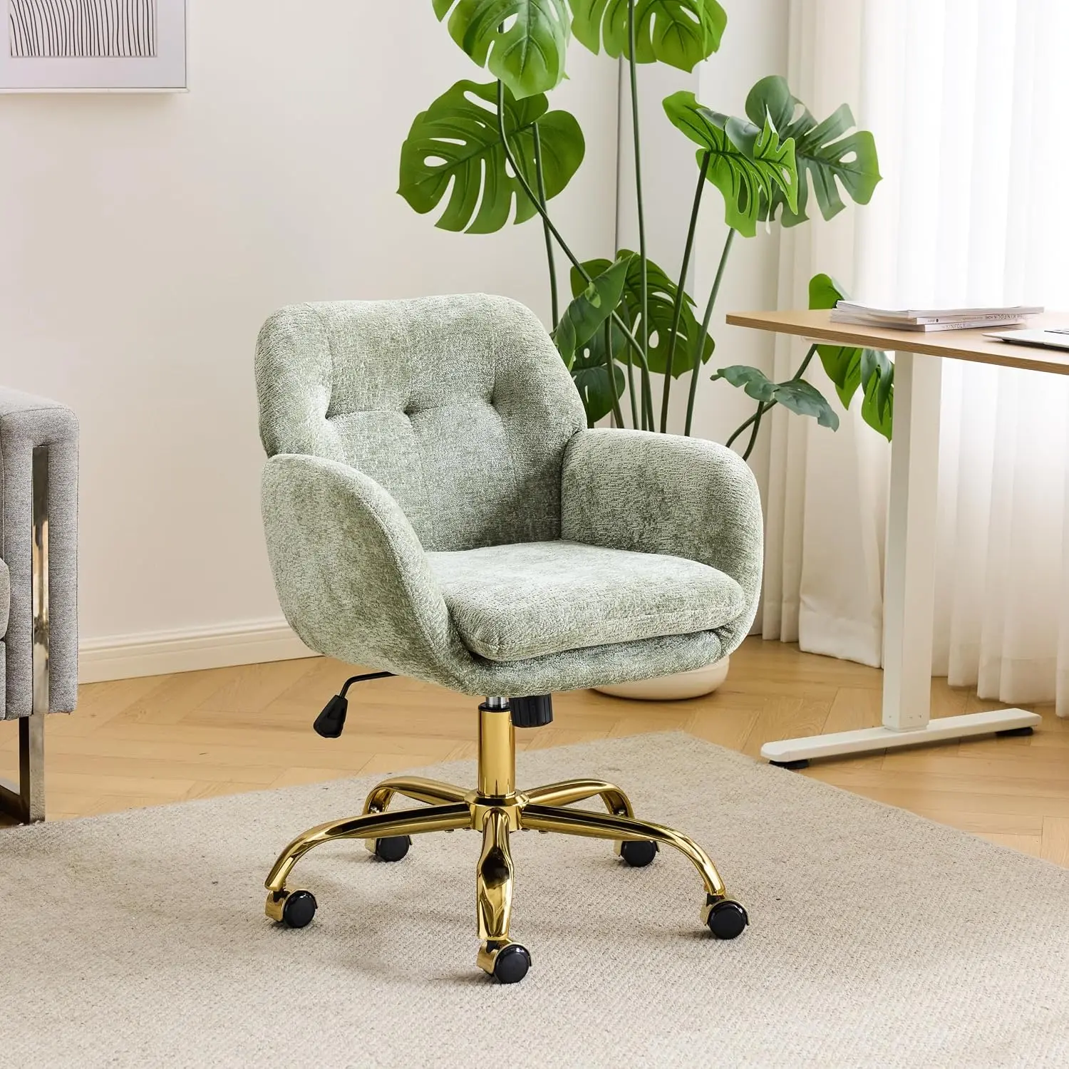 Karlhome Comfy Fuzzy Vanity Chair, Swivel Makeup Chair with Wheels, Upholstered Height Adjustable Armchair with Gold Base, Modern Ergonomic Desk Chair for Bedroom, Home Office, Olive Green