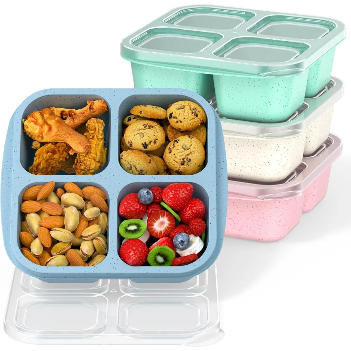 Bento Snack Boxes (4 Pack)- Reusable 4-Compartment Meal Prep Containers for Kids and Adults, Perfect Food Storage School, Compact Stackable (Wheat(Green/Blue/PK/Beige))