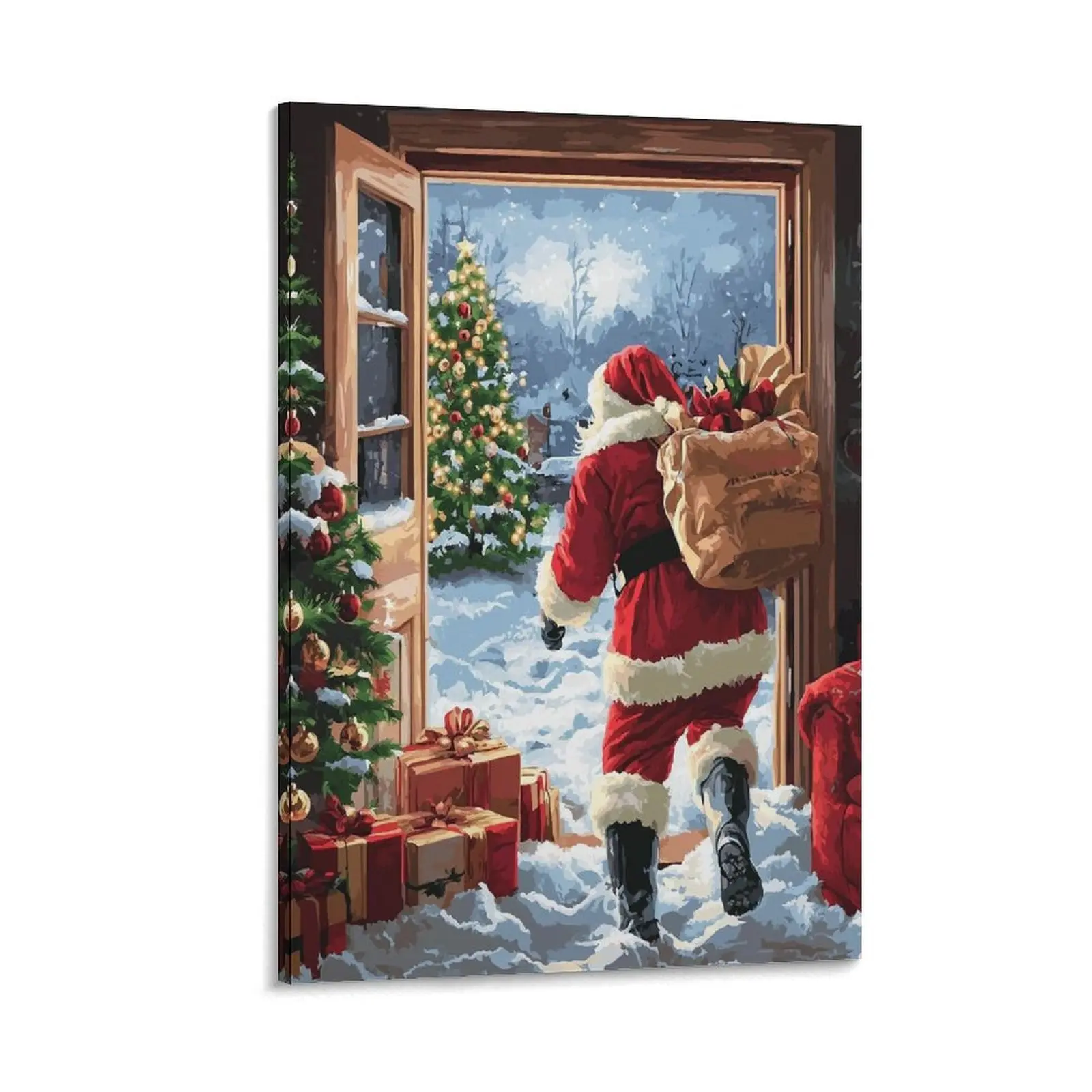 Santa Claus Hold Gift Bag Paint by Numbers Kit for Adults, Christmas Snow Scenery Canvas Poster, 12x18inch(30x45cm)-20x30inch(50x75cm)-24x36inch(60x90cm), Bedroom-Office Decor, Friends and Family Gift